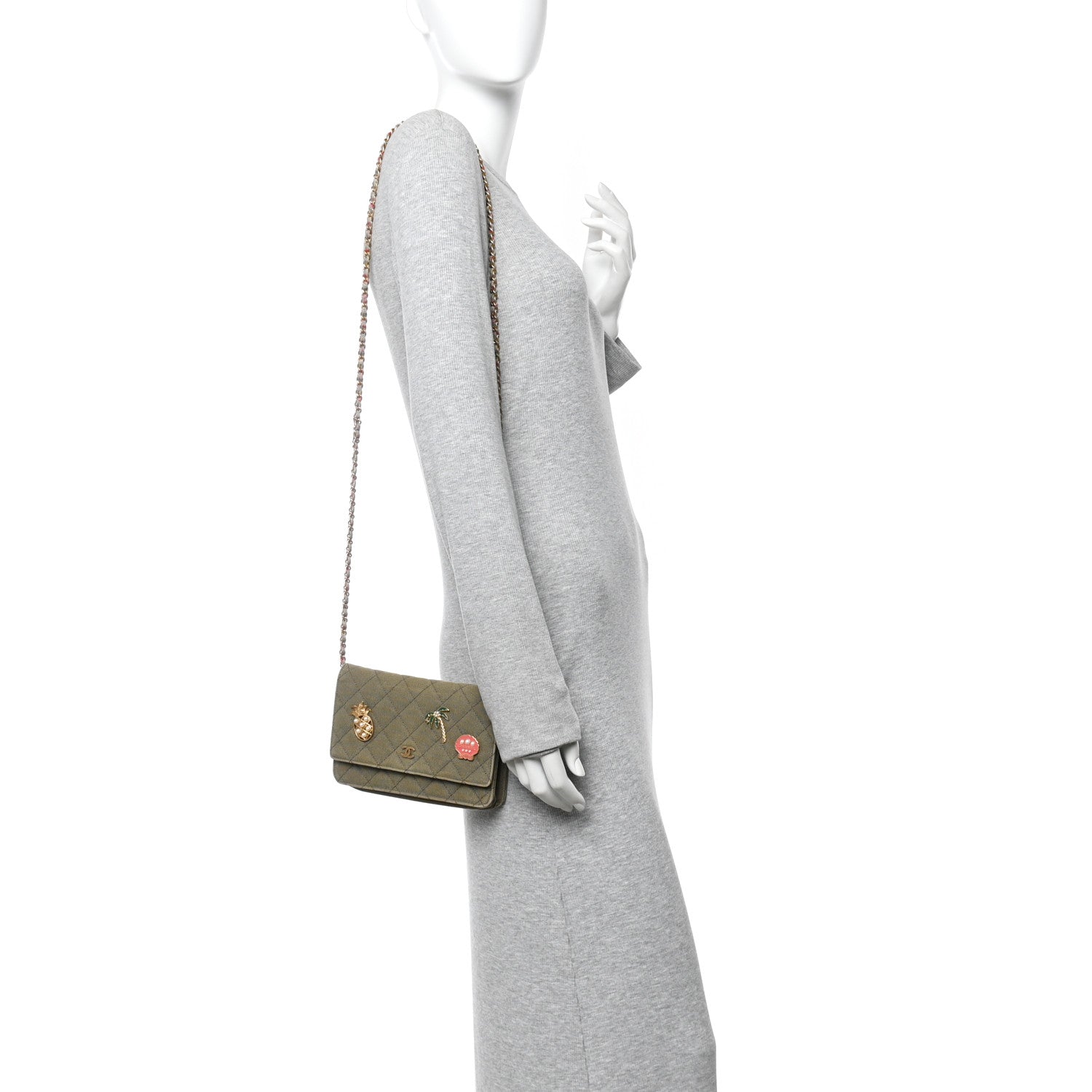 Chanel Canvas Quilted Coco Cuba Charms Wallet on Chain WOC Khaki 2 of 10
