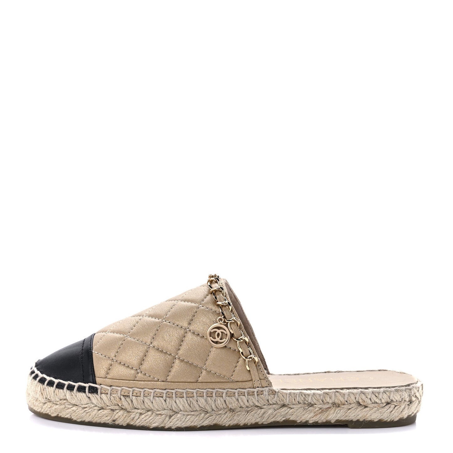 Metallic Calfskin Lambskin Grosgrain Quilted CC Chain Espadrille Mules 37 Gold Black
