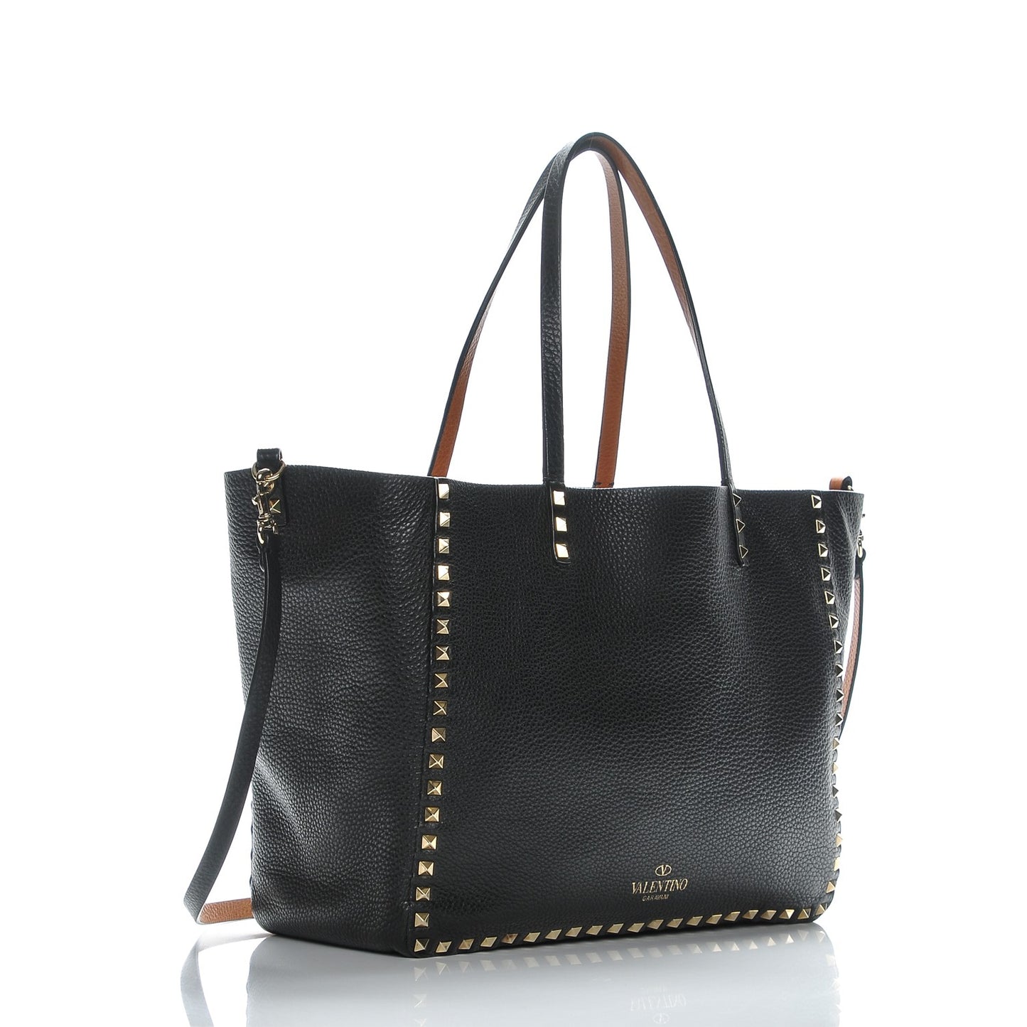 Pebbled Calfskin Medium Rockstud Reversible Tote Black Light Cuir