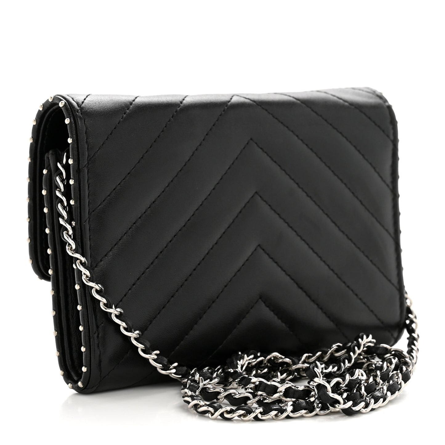Lambskin Chevron Quilted Studded Wallet On Chain WOC Black
