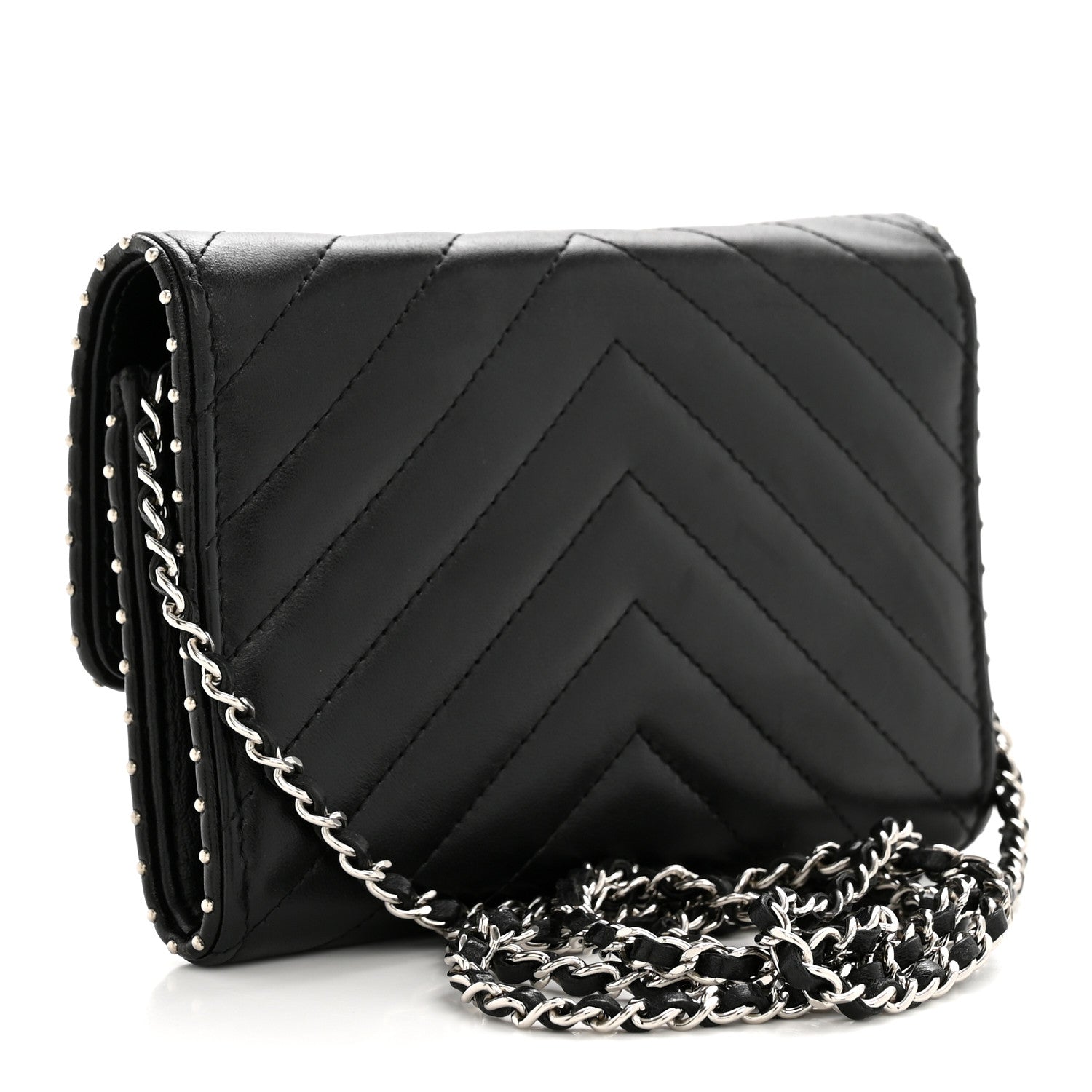 Chanel Lambskin Chevron Quilted Studded Wallet On Chain WOC Black 3 of 13