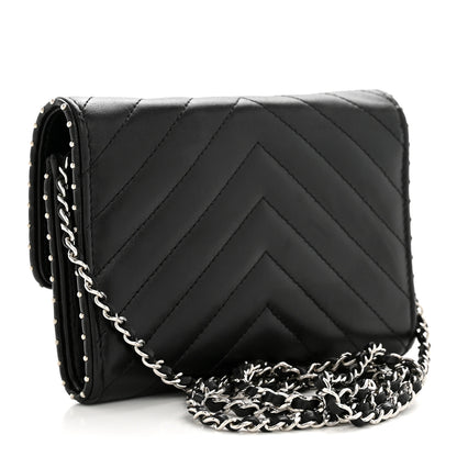 Chanel Lambskin Chevron Quilted Studded Wallet On Chain WOC Black 3 of 13