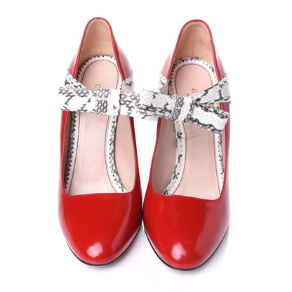 Gucci Polished Calfskin Elaphe Nimue Bow Mary Jane Pumps 38 Hibiscus Red Roccia 5 of 9