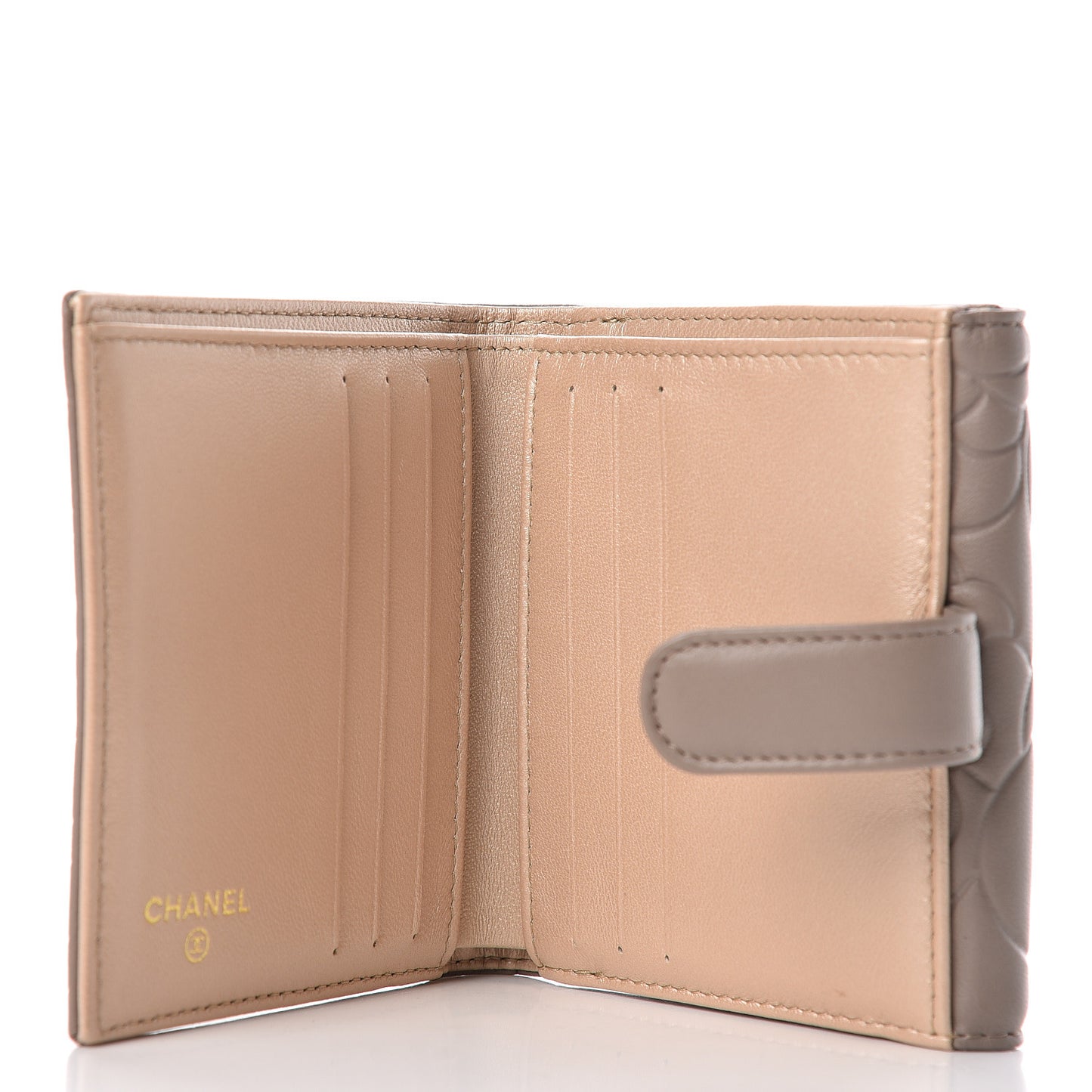 Lambskin Camellia Embossed French Wallet Beige