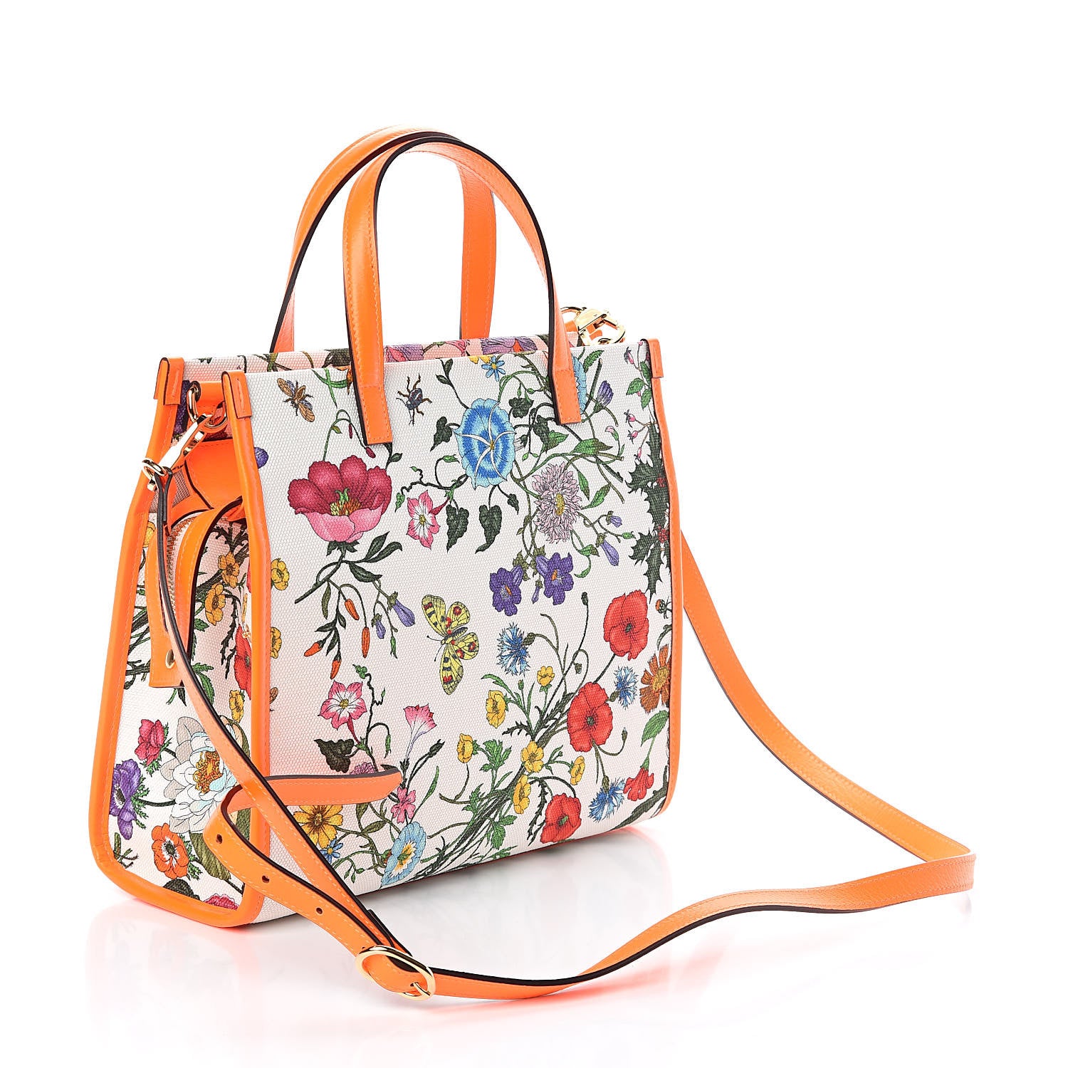 Gucci Canvas Medium Flora Tote White Multicolor Orange Fluo 3 of 9