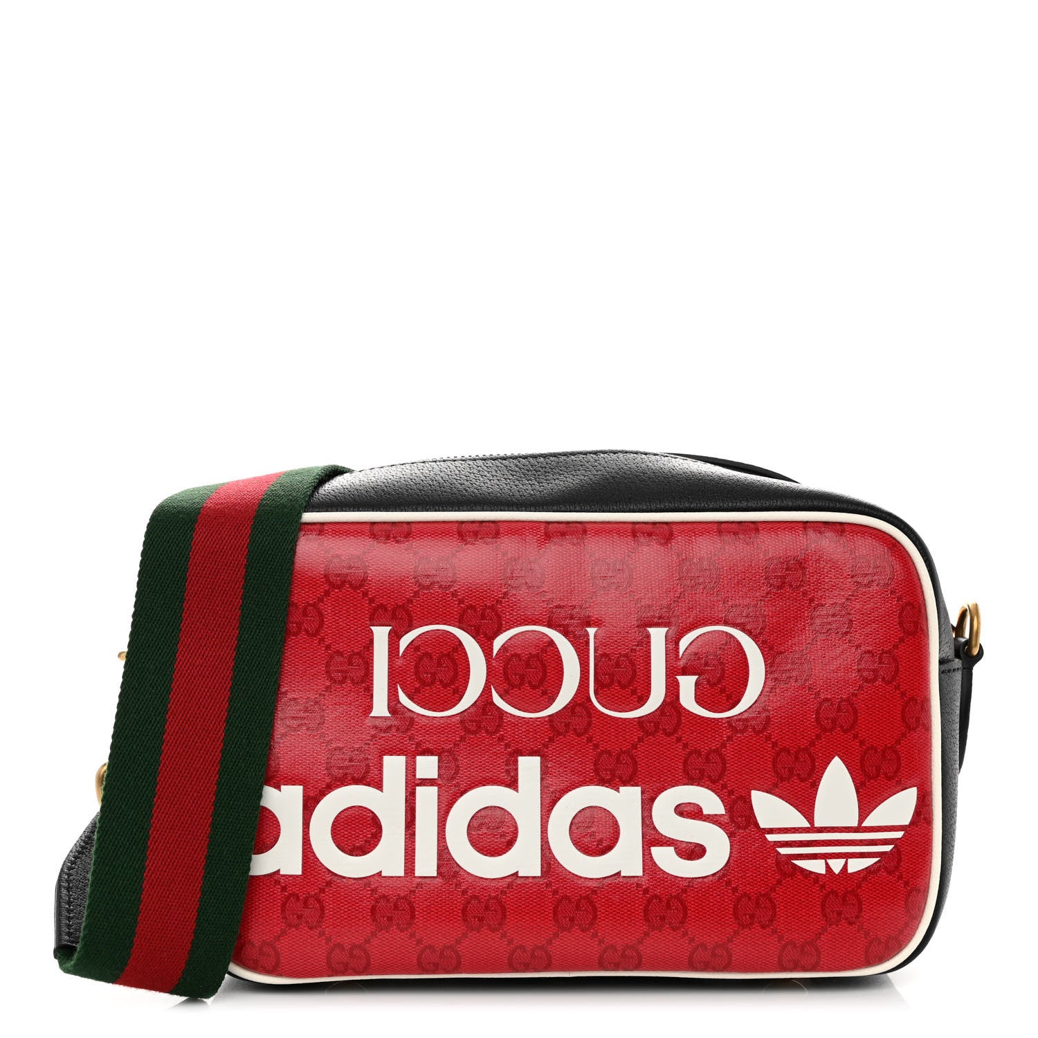 Gucci X ADIDAS Crystal Vintage Monogram Textured Dollar Calfskin Web Trefoil Logo Small Messenger Bag Hibiscus Red Off White Black 1 of 9