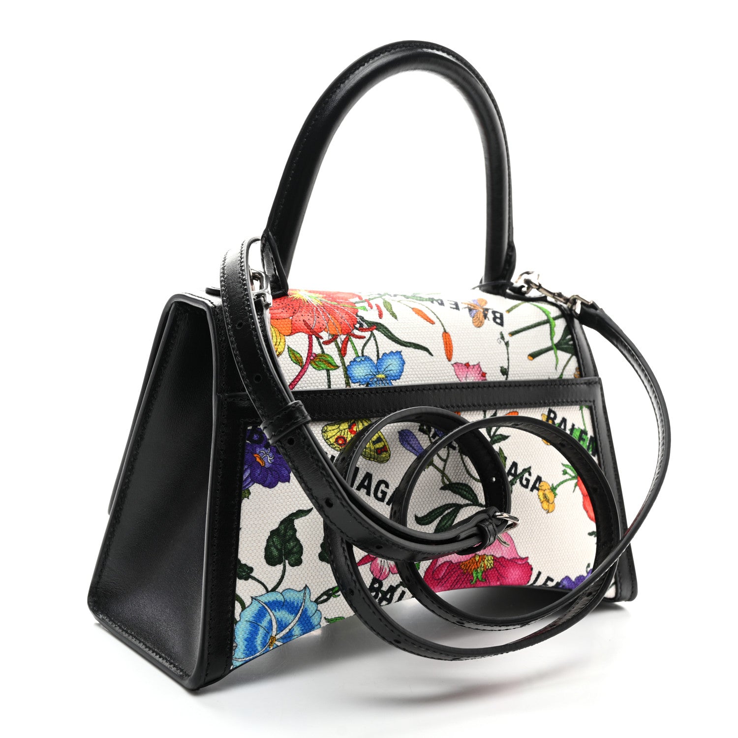 Balenciaga X GUCCI Canvas Boarded Plutone Calfskin Flora Logo Print Small Hourglass Top Handle Bag White Multicolor Black 2 of 9