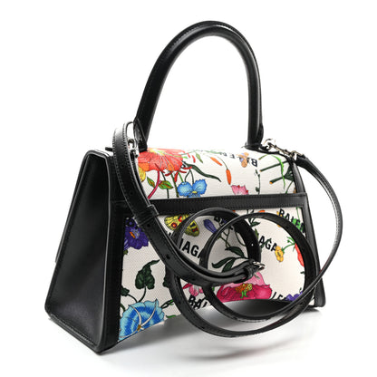 Balenciaga X GUCCI Canvas Boarded Plutone Calfskin Flora Logo Print Small Hourglass Top Handle Bag White Multicolor Black 2 of 9