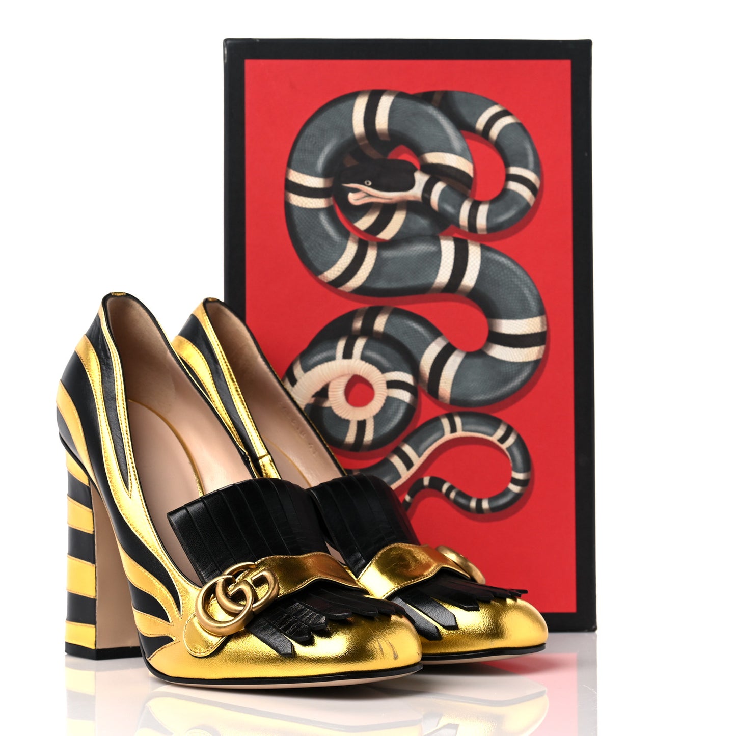 Metallic Nappa Inlay GG Marmont Fringe 105mm Loafer Pumps 41 Gold Black
