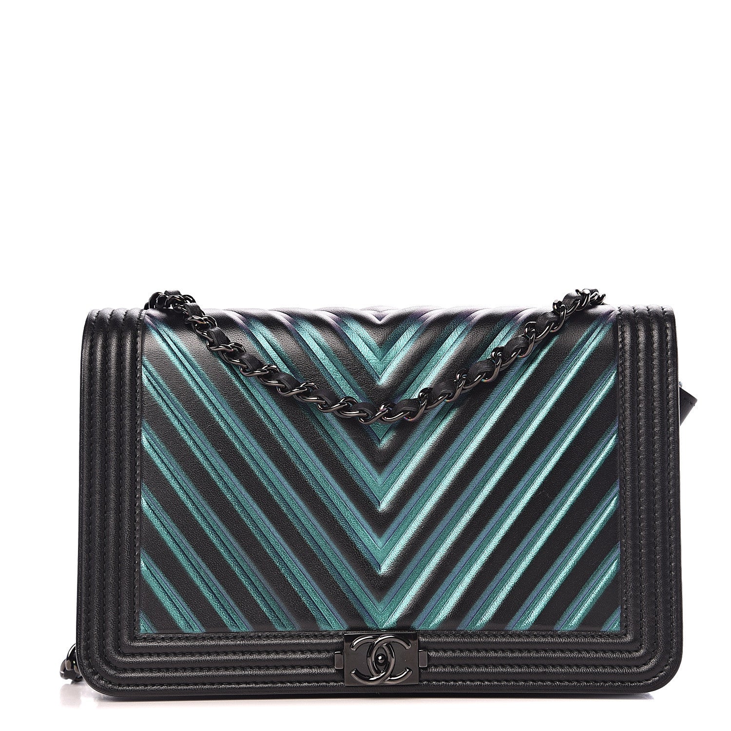 Chanel Calfskin Painted Chevron Embossed Boy Wallet On Chain WOC Black 1 of 13