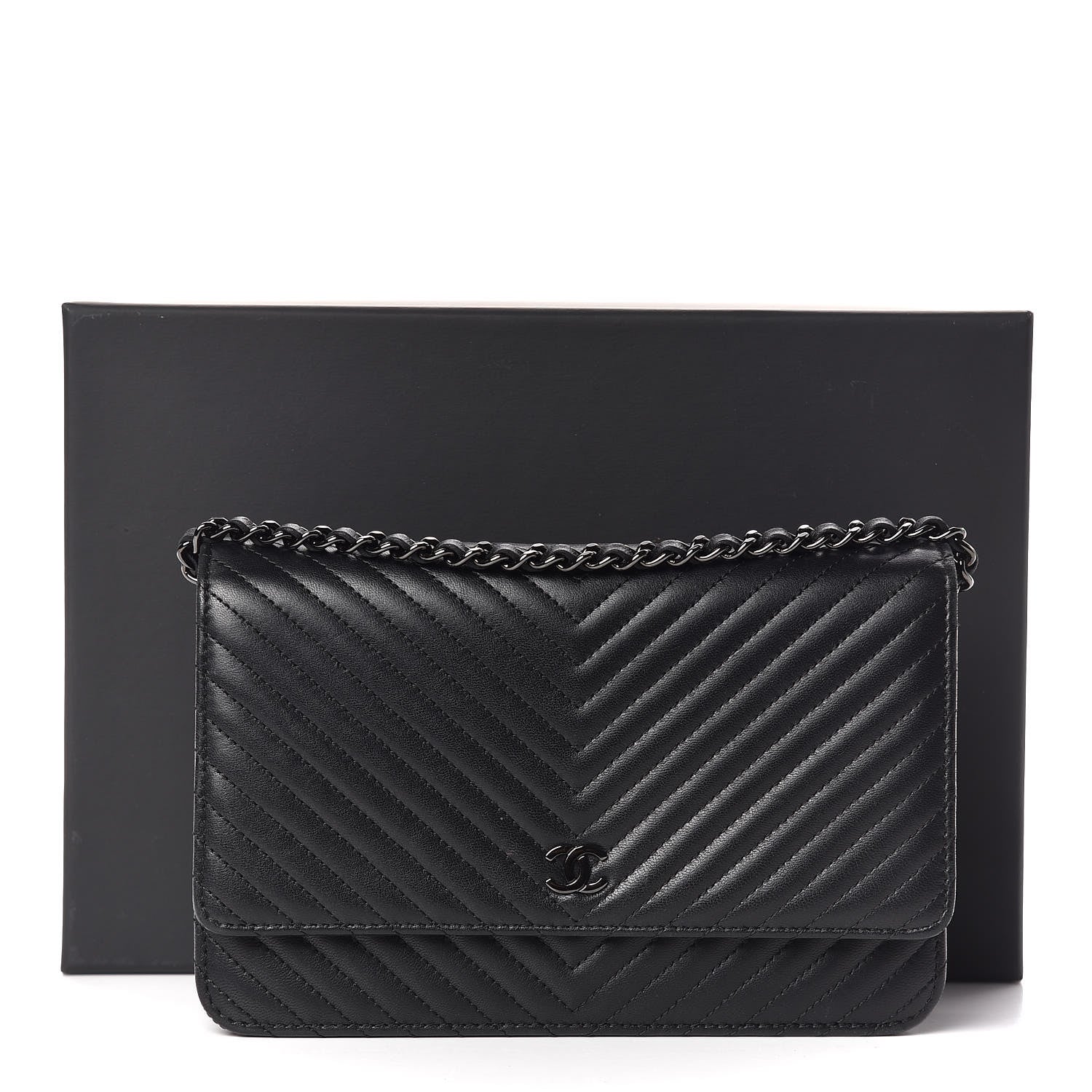 Chanel Lambskin Chevron Quilted Wallet On Chain WOC So Black 17 of 17