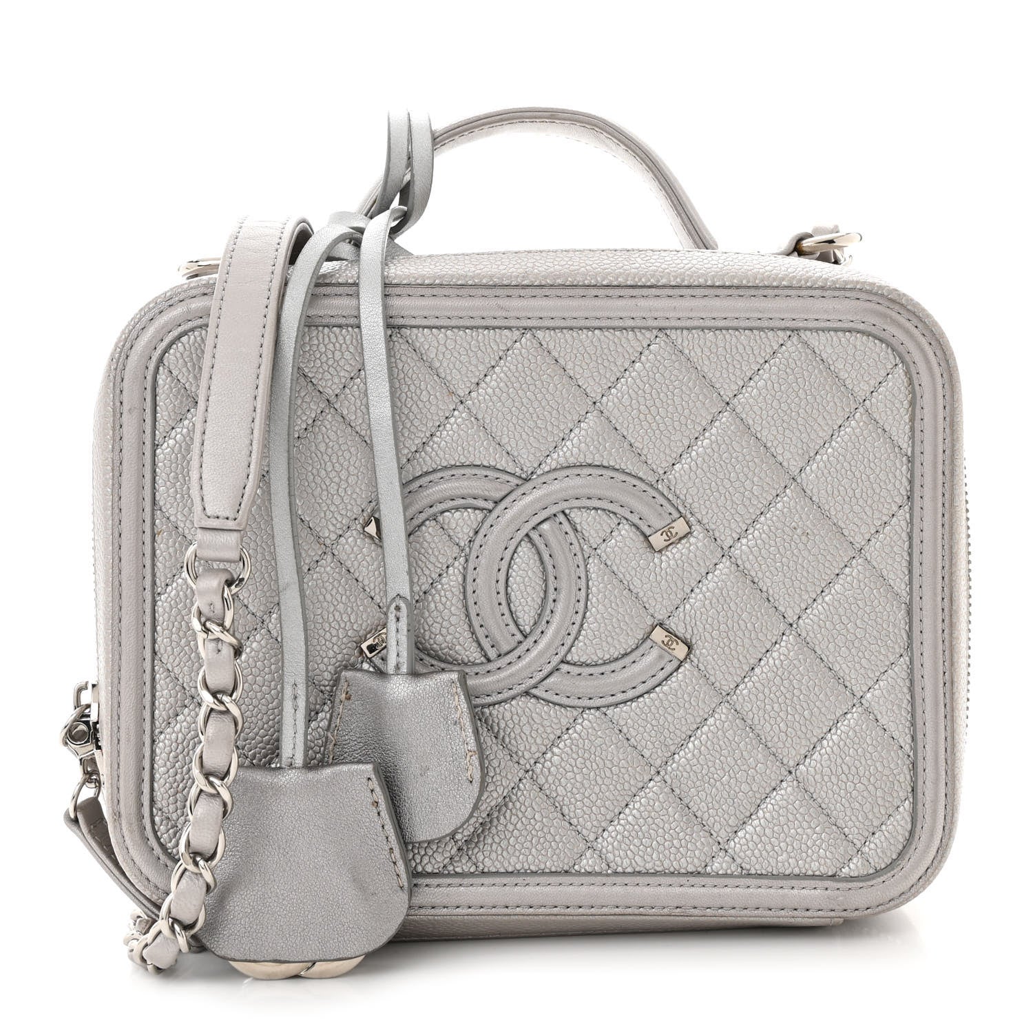 Chanel Metallic Caviar Quilted Medium CC Filigree Vanity Case Silver 1 of 11