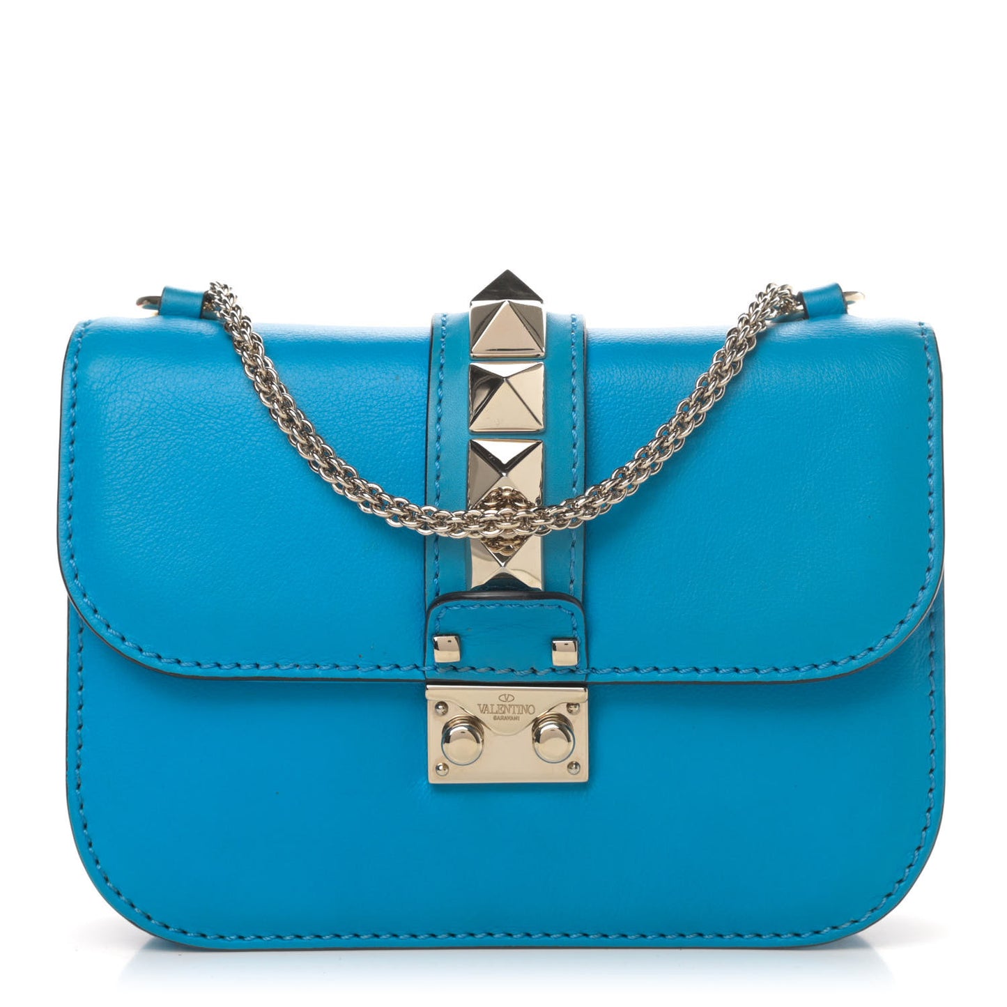 Vitello Small Glam Lock Rockstud Flap Blue Fluo