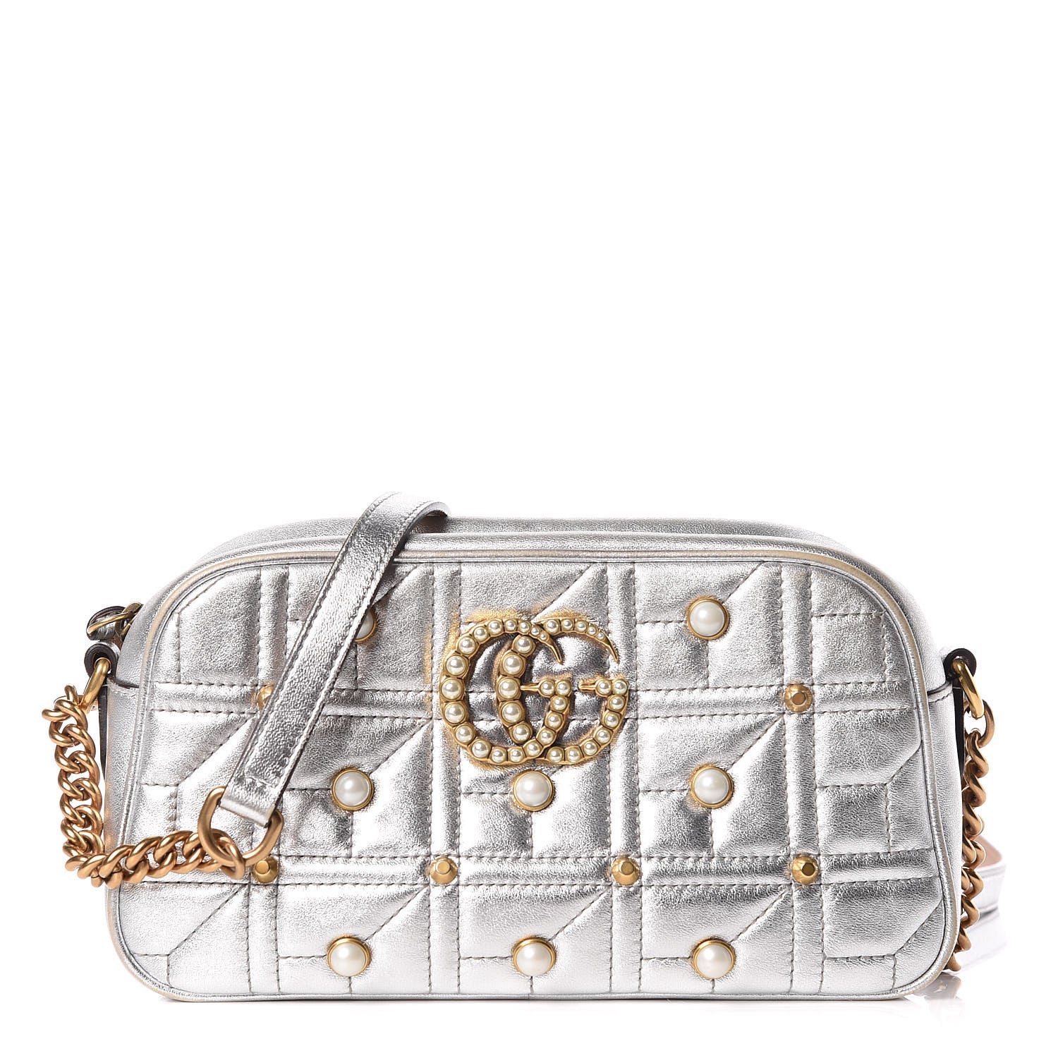 Gucci Metallic Calfskin Matelasse Studded Small Pearly GG Marmont Chain Shoulder Bag Silver 1 of 15