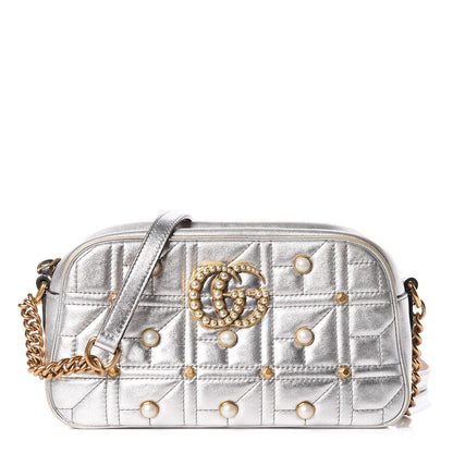 Gucci Metallic Calfskin Matelasse Studded Small Pearly GG Marmont Chain Shoulder Bag Silver 1 of 15