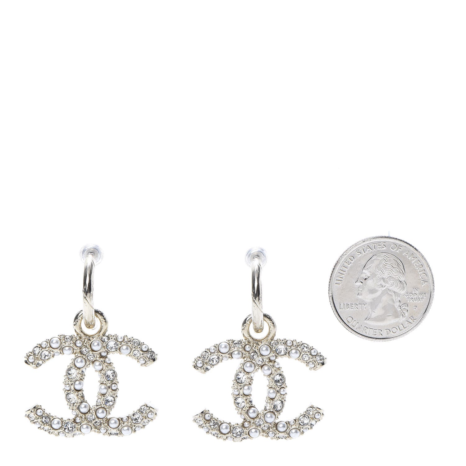 Chanel Crystal Pearl Caviar CC Drop Earrings Gold 2 of 5
