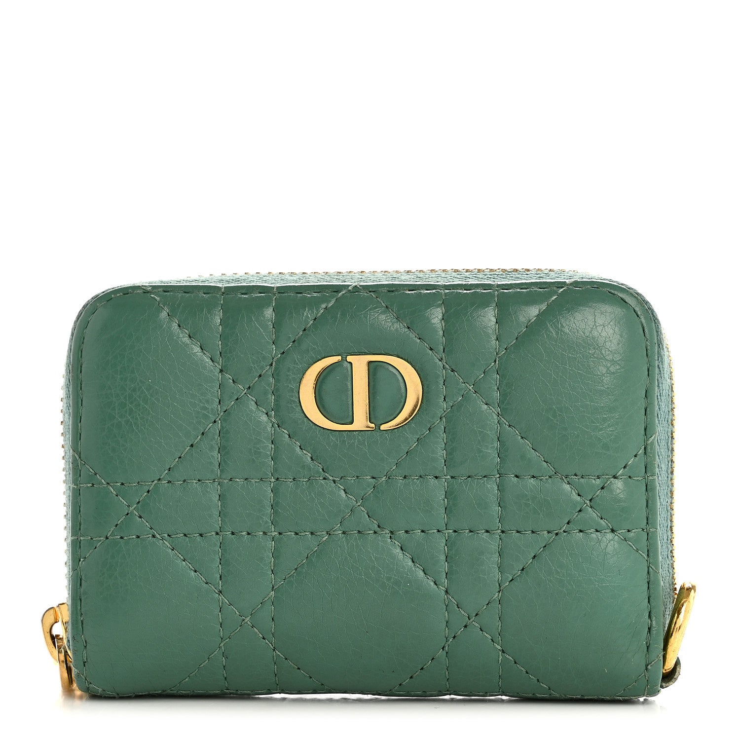 Christian Dior Grained Calfskin Supple Cannage Caro Scarlet Zipped Wallet Vert Tundra 1 of 8