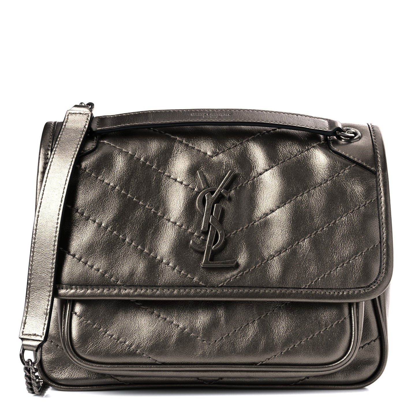Crinkled Calfskin Matelasse Monogram Baby Niki Chain Satchel Platinum
