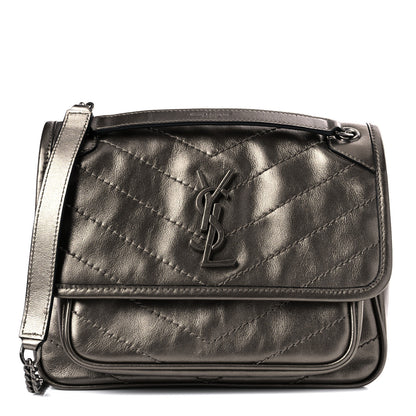 Saint Laurent Crinkled Calfskin Matelasse Monogram Baby Niki Chain Satchel Platinum 1 of 9