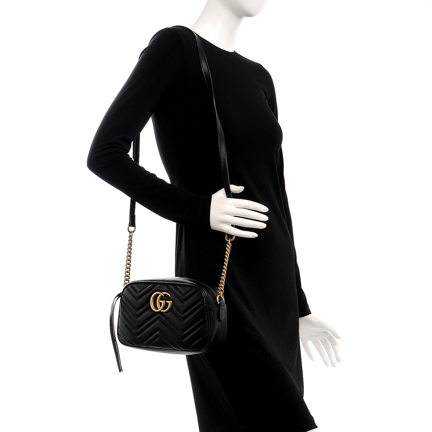 Gucci Calfskin Matelasse Small GG Marmont Chain Shoulder Bag Black 2 of 7
