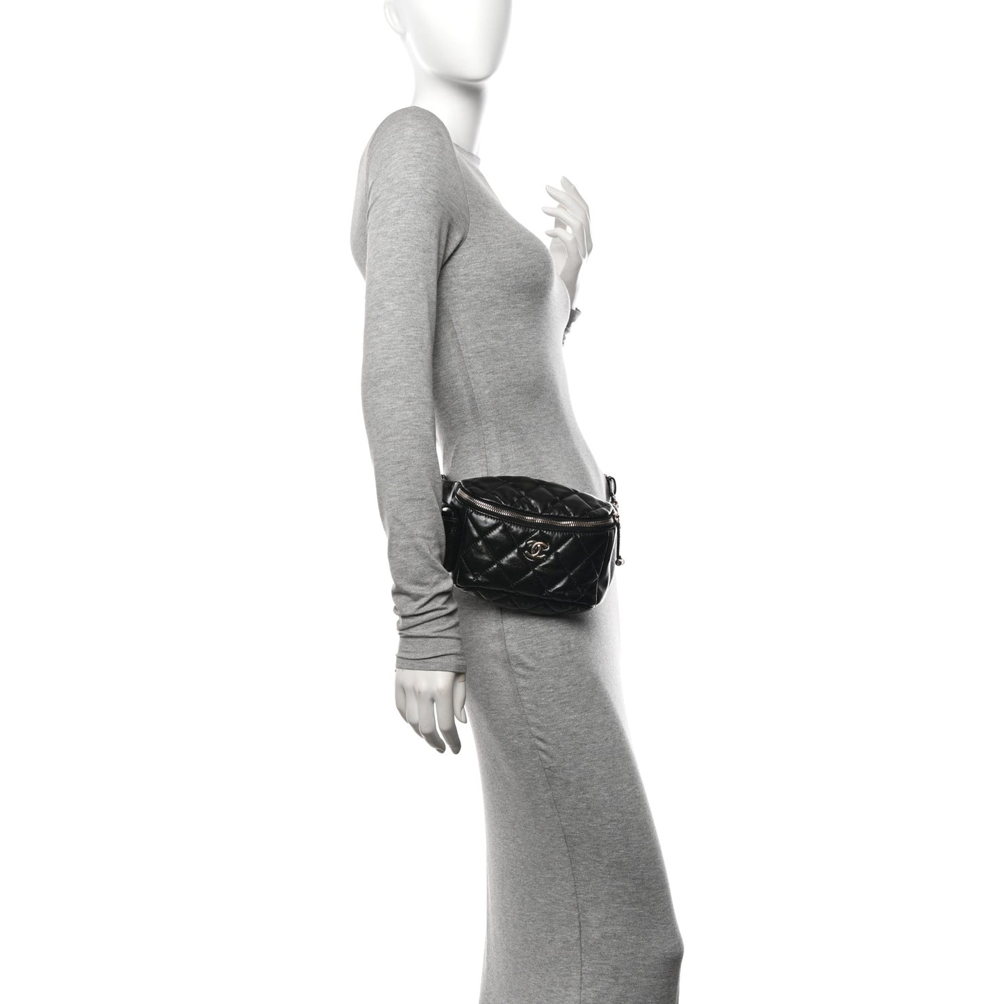 Shiny Aged Calfskin Quilted Utility Waist Belt Bag Black