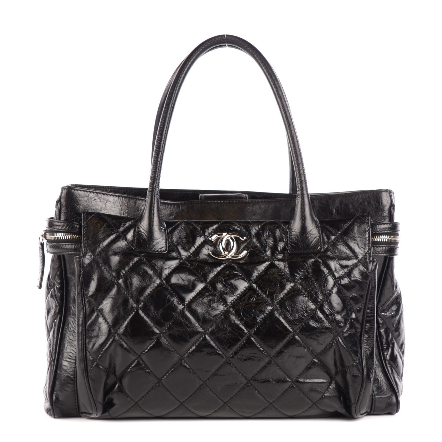 Glazed Calfskin Quilted Large New Portobello Tote Black