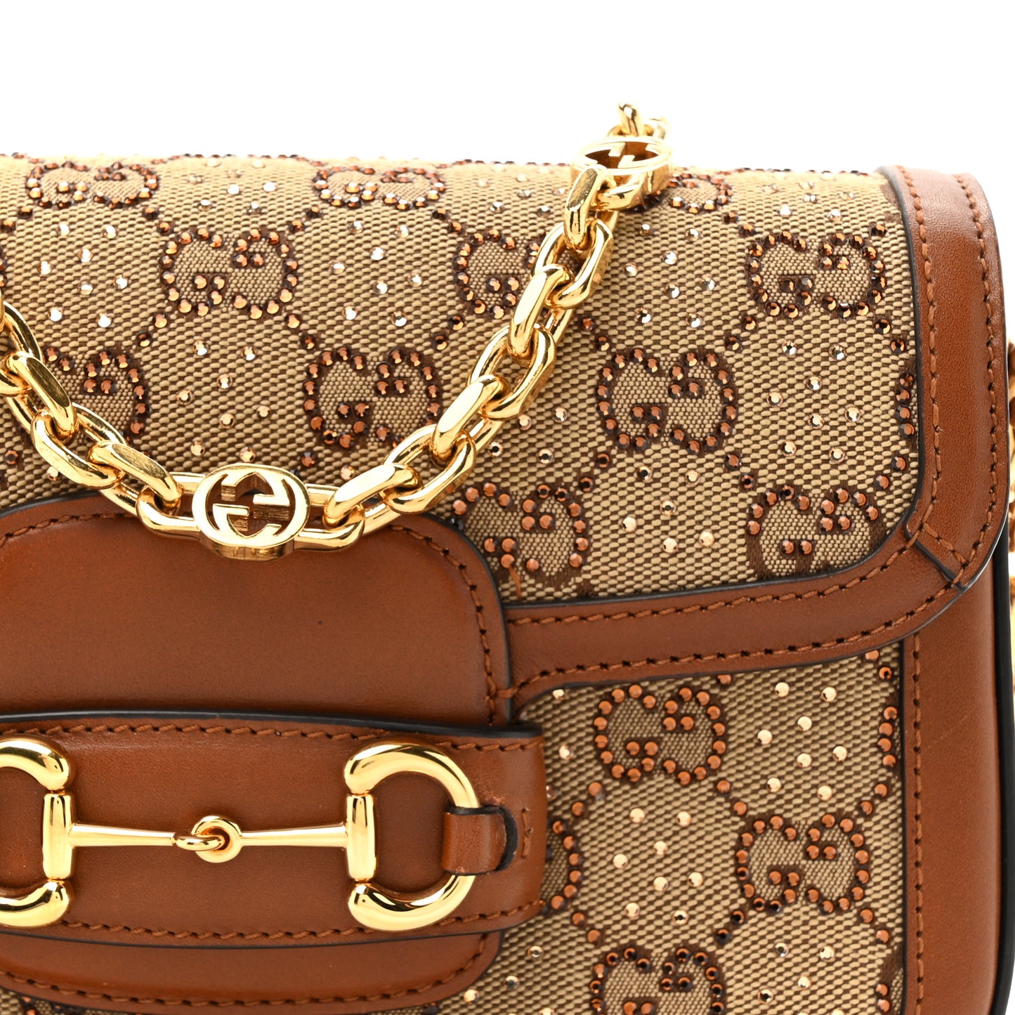 New Canvas Charisma Calfskin Crystal GG Monogram Mini Horsebit 1955 Shoulder Bag Camel Ebony