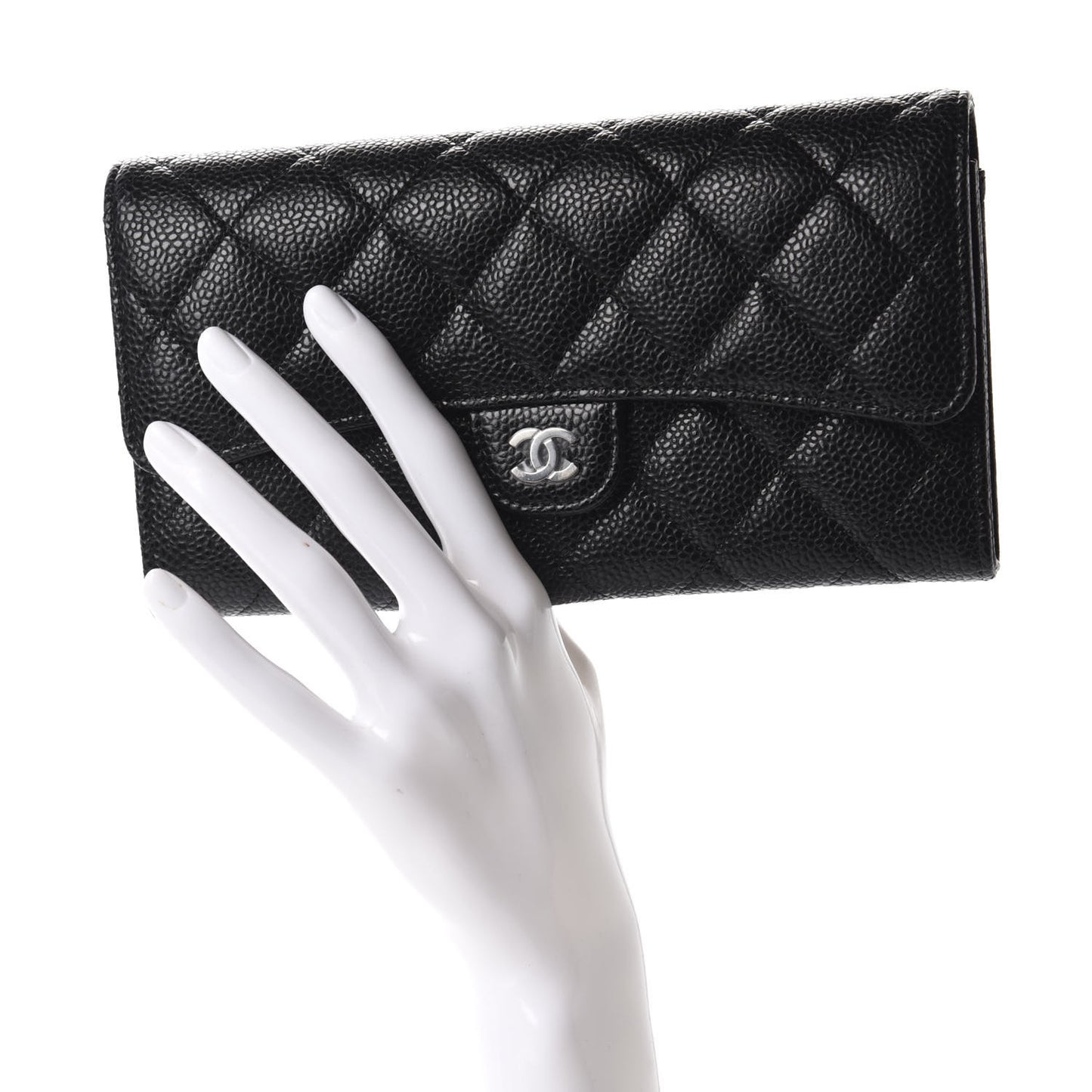 Caviar Quilted Large Gusset Flap Wallet Black