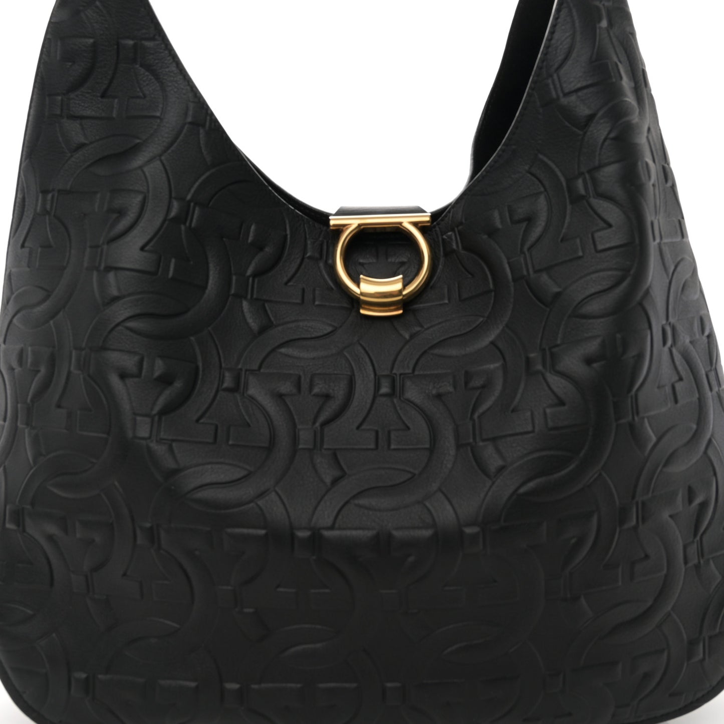 SALVATORE FERRAGAMO Calfskin Embossed Gancini Margot Hobo Black