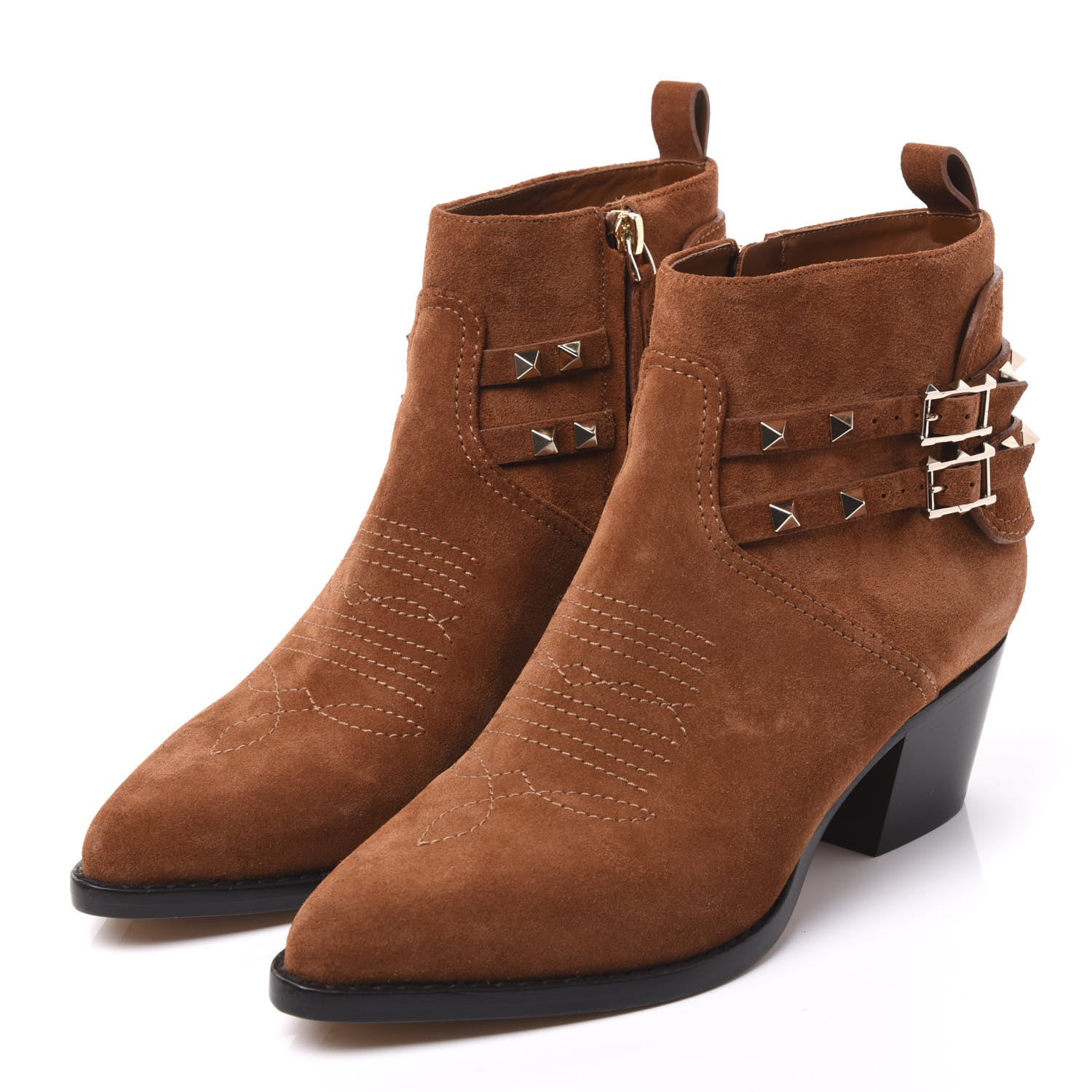 Valentino Garavani Suede Rockstud Double Buckle 50mm Cowboy Ankle Boots 38.5 Selleria 2 of 9