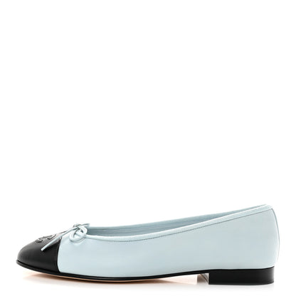 Chanel Lambskin Cap Toe CC Ballerina Flats 37.5 Light Blue Black 1 of 9