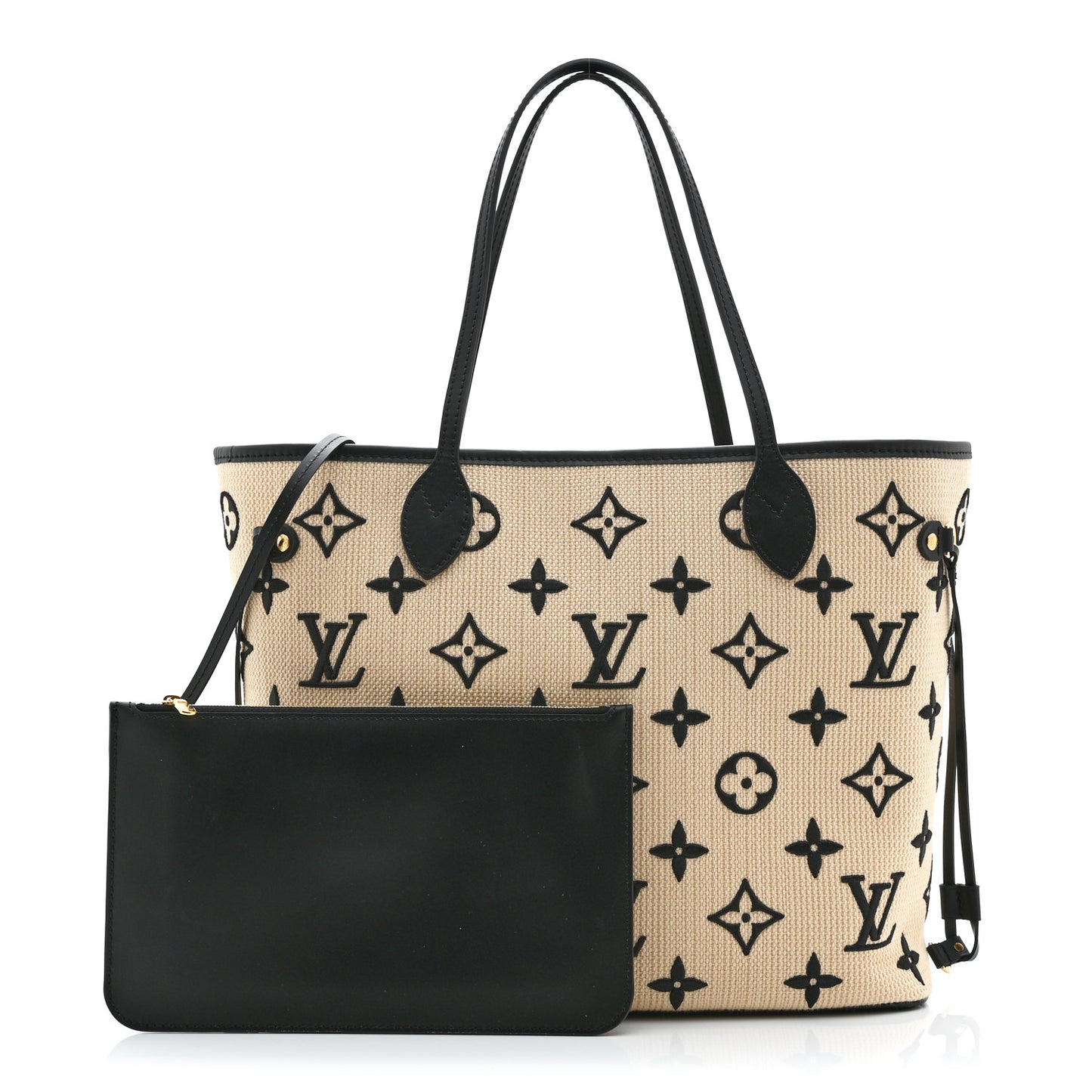 Cotton Monogram Embroidered Neverfull MM Beige Black Beige Black
