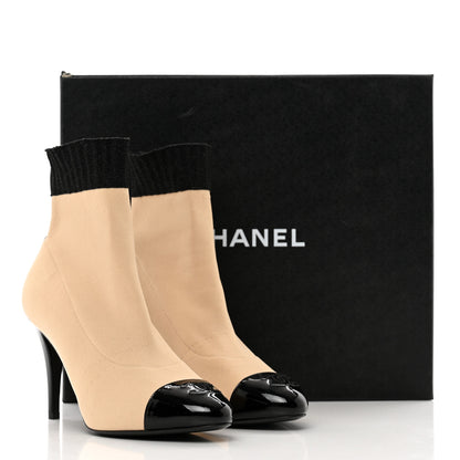 Chanel Jersey Patent CC Cap Toe Short Boots 38 Beige Black 9 of 9