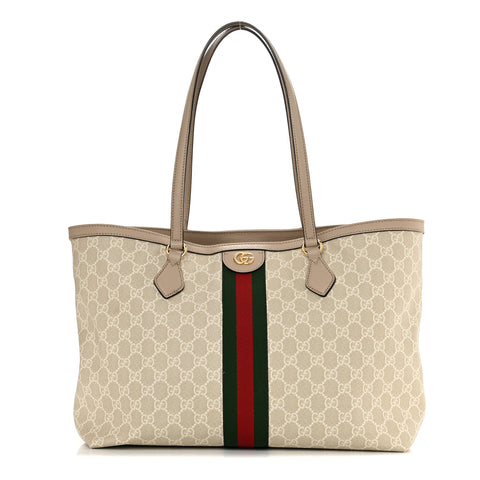 GG Supreme Monogram Textured Dollar Calfskin Web Medium Ophidia Shopping Tote Beige Mystic White Oatmeal