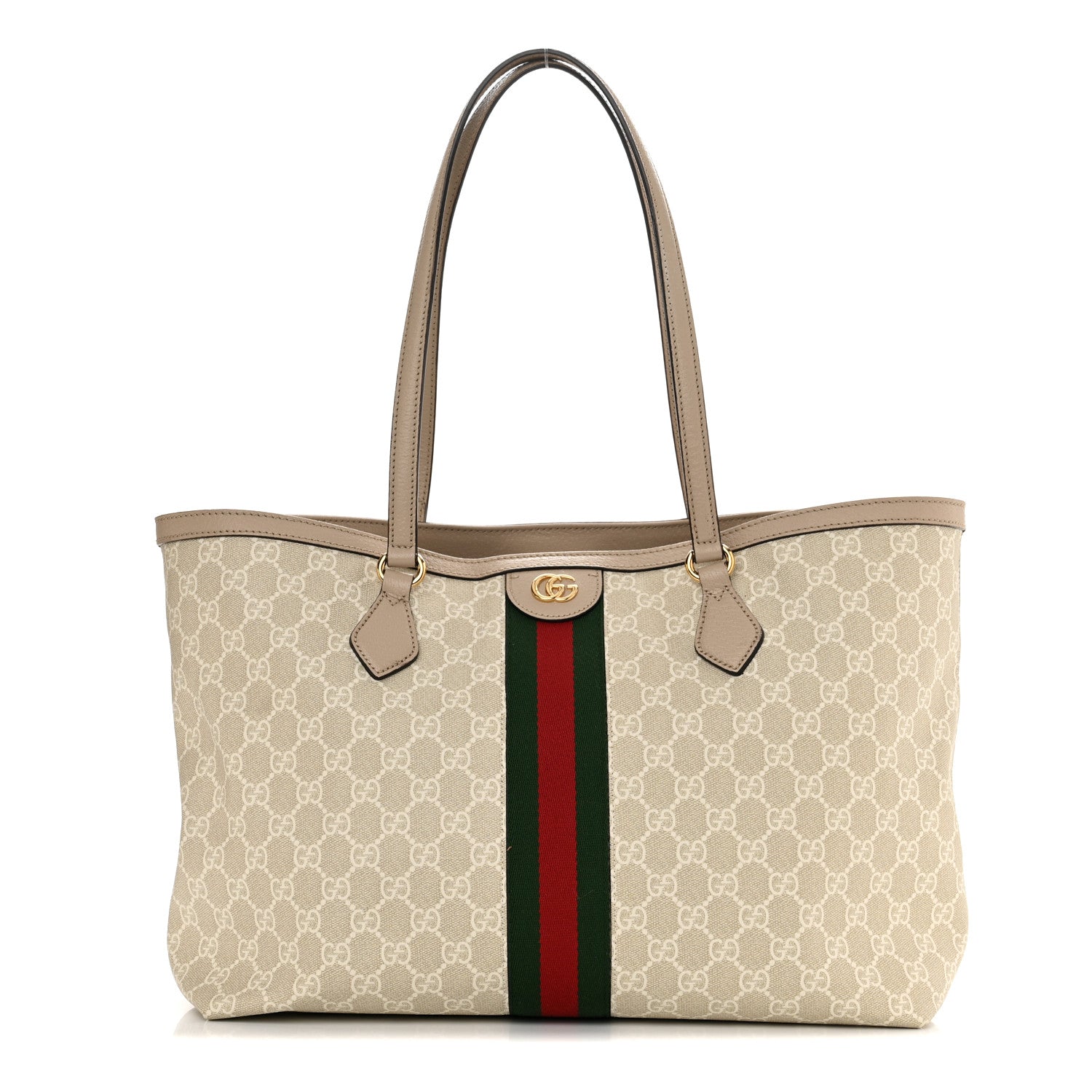 Gucci GG Supreme Monogram Textured Dollar Calfskin Web Medium Ophidia Shopping Tote Beige Mystic White Oatmeal 1 of 10