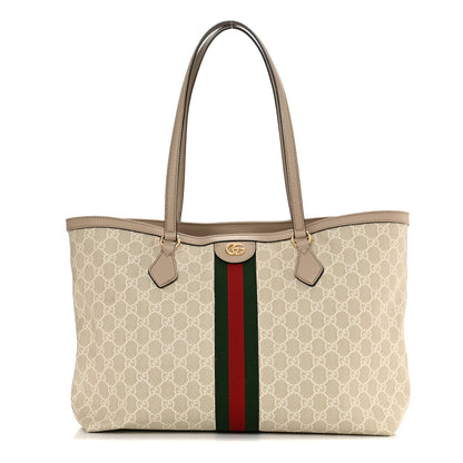 Gucci GG Supreme Monogram Textured Dollar Calfskin Web Medium Ophidia Shopping Tote Beige Mystic White Oatmeal 1 of 10