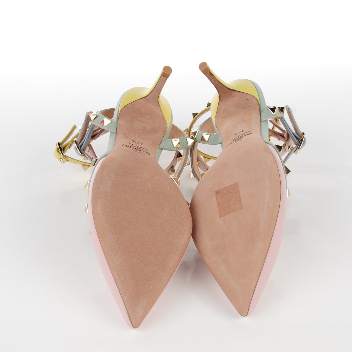 Nappa Watercolor Rockstud Ankle Strap 65mm Pumps 37.5 Rose Green Yellow Sky