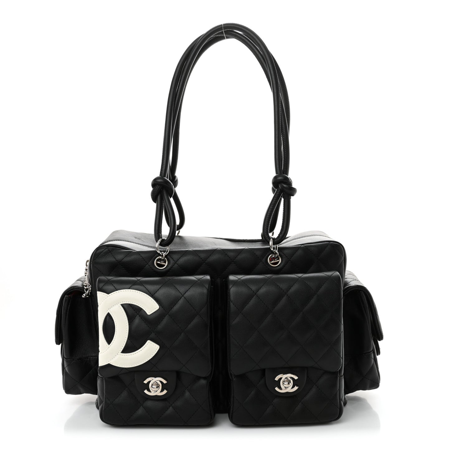 Calfskin Quilted Large Cambon Multipocket Reporter Black White
