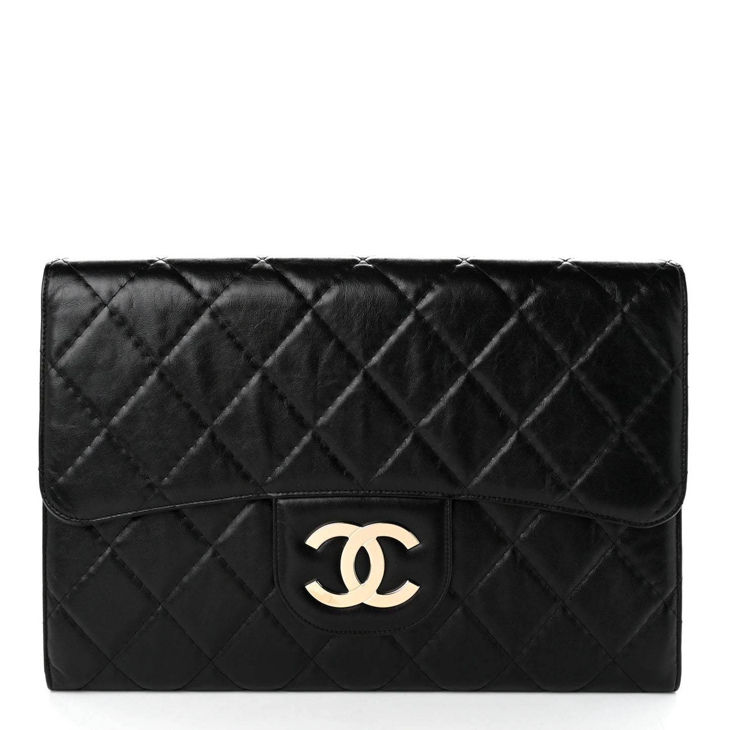 Shiny Crumpled Calfskin Quilted Large Clutch Black