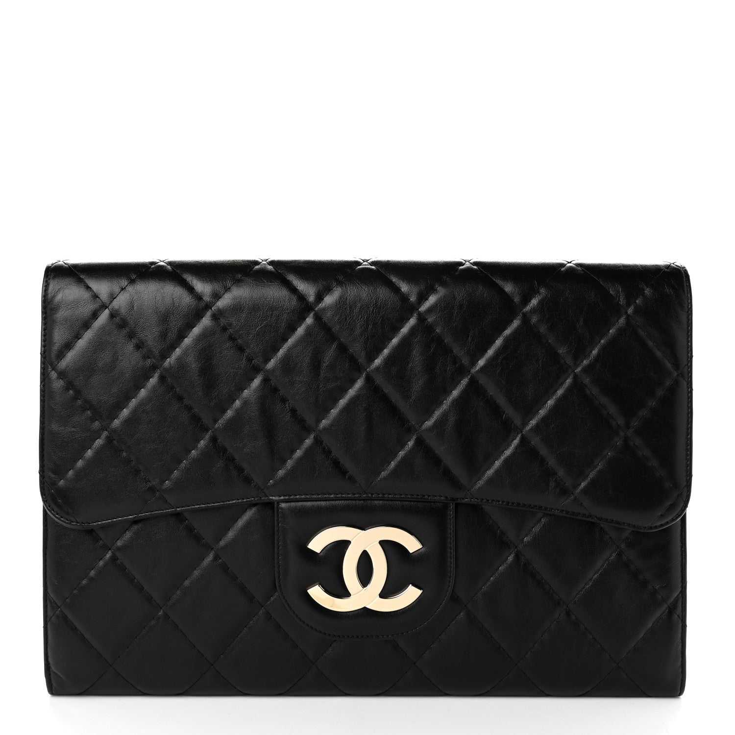 Chanel Shiny Crumpled Calfskin Quilted Large Clutch Black 1 of 13