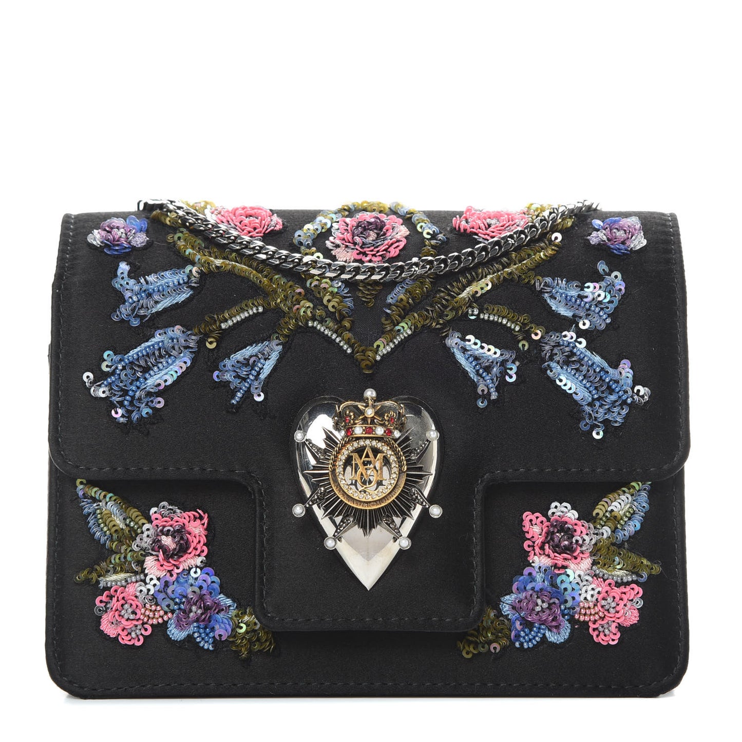 Satin Floral Embroidered Mini Insignia Flap Black