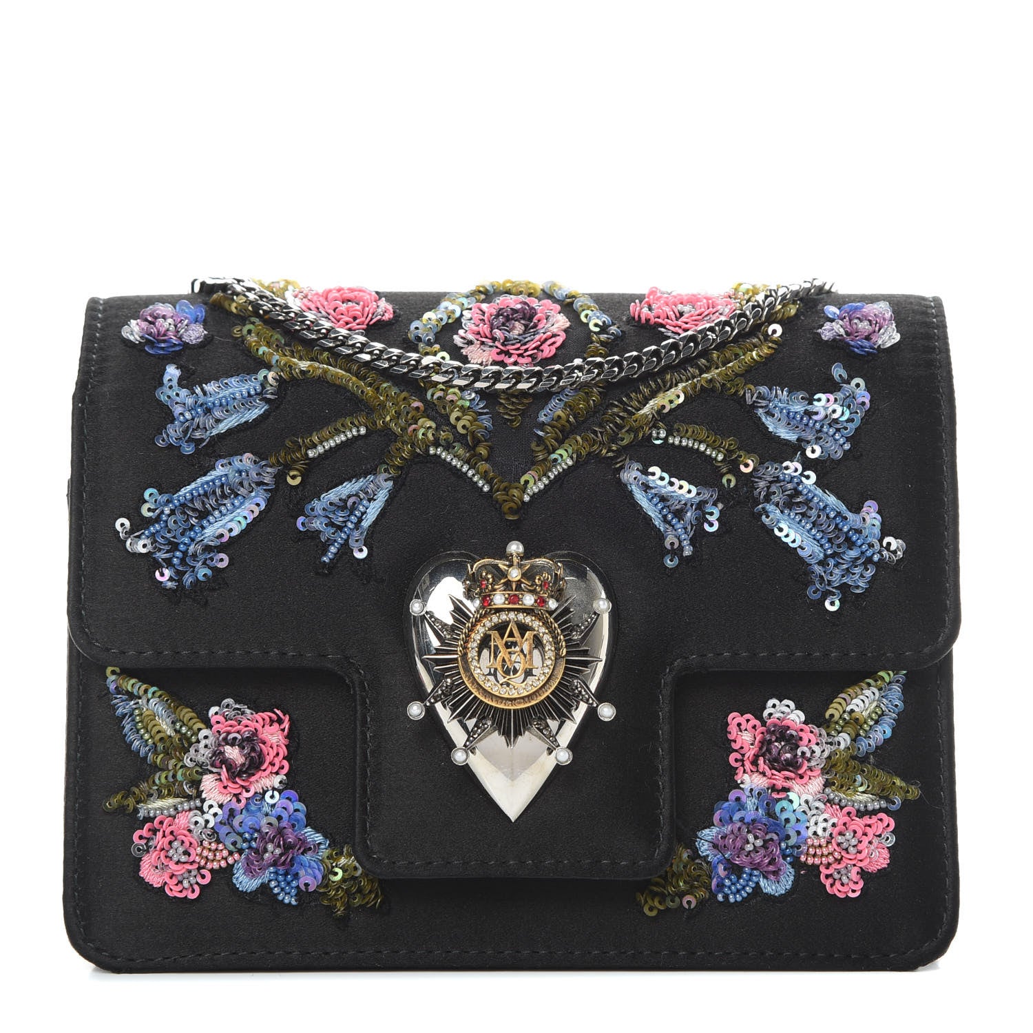 Alexander McQueen Satin Floral Embroidered Mini Insignia Flap Black 1 of 12