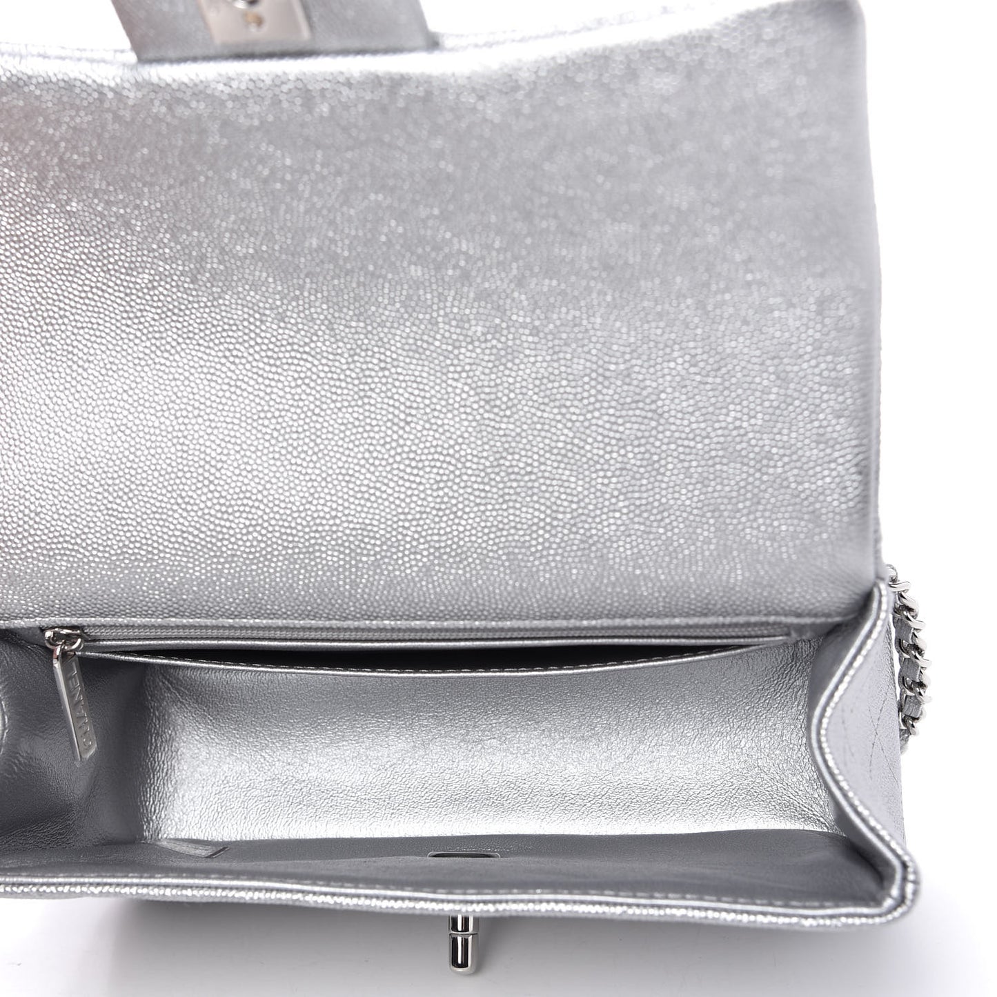 Metallic Caviar Quilted Mini Top Handle Rectangular Flap Silver
