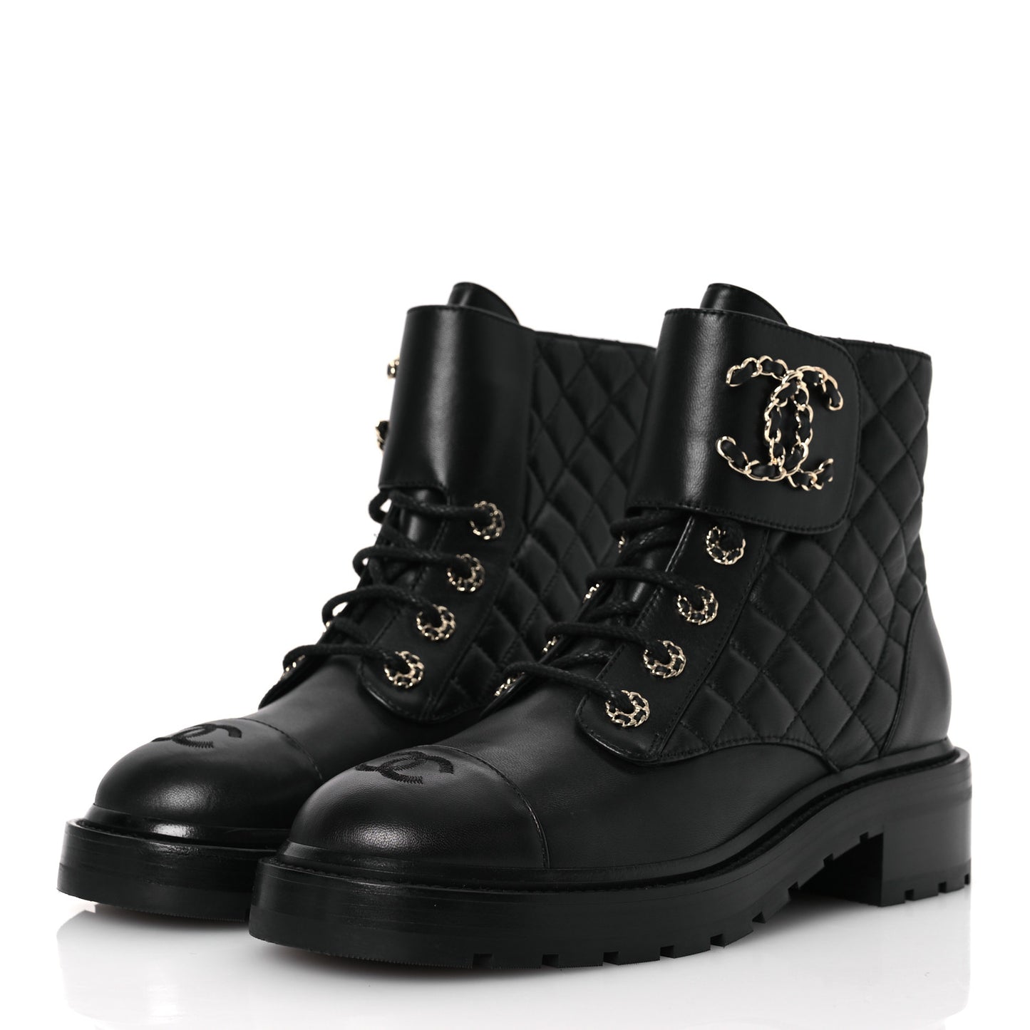 Shiny Lambskin Quilted Lace Up Combat Boots 38.5 Black