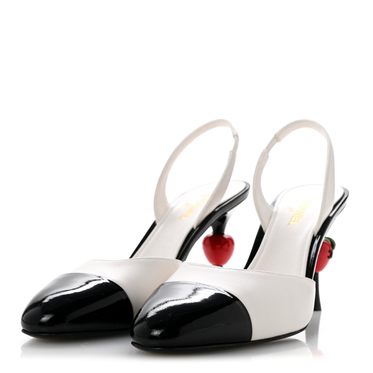 Lambskin Patent Cap Toe CC Apple Slingback Pumps 40 White Black