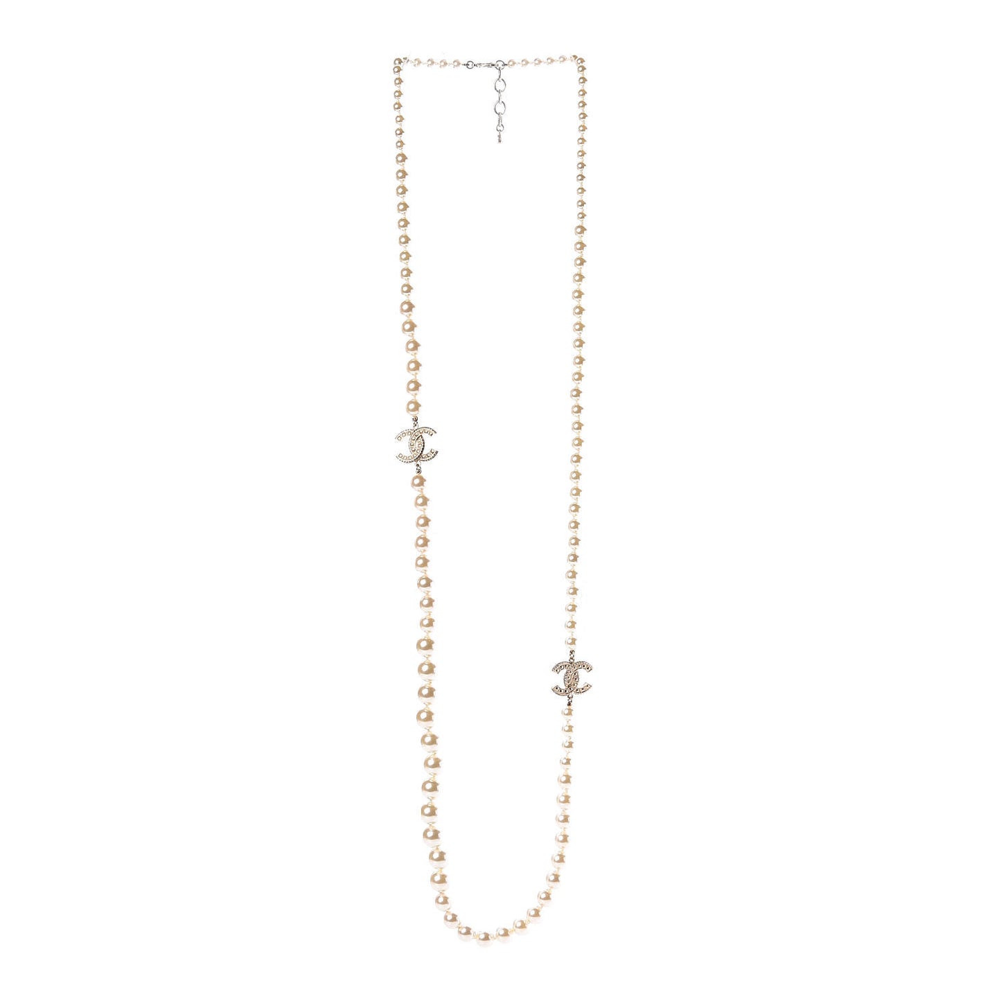 Pearl Baguette Crystal Long CC Necklace Gold