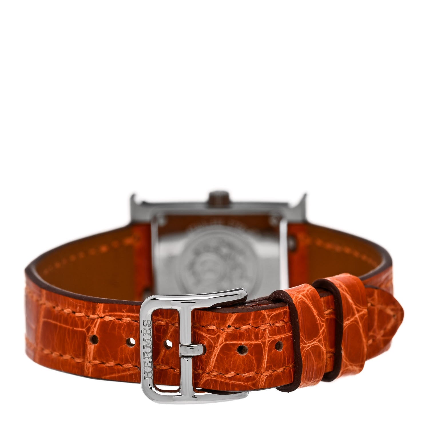 Hermes Stainless Steel Alligator Diamond Mother of Pearl 17.2mm Heure H Hour Quartz Watch Orange 3 of 5