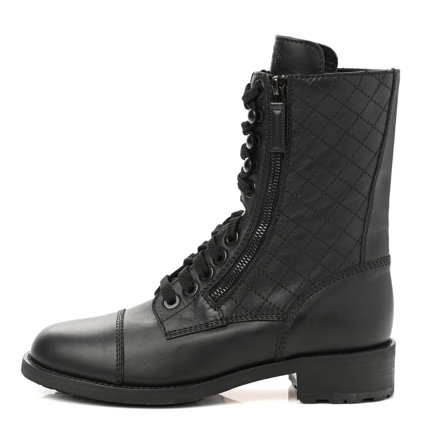 Calfskin Quilted Lace Up Combat Boots 37.5 Black