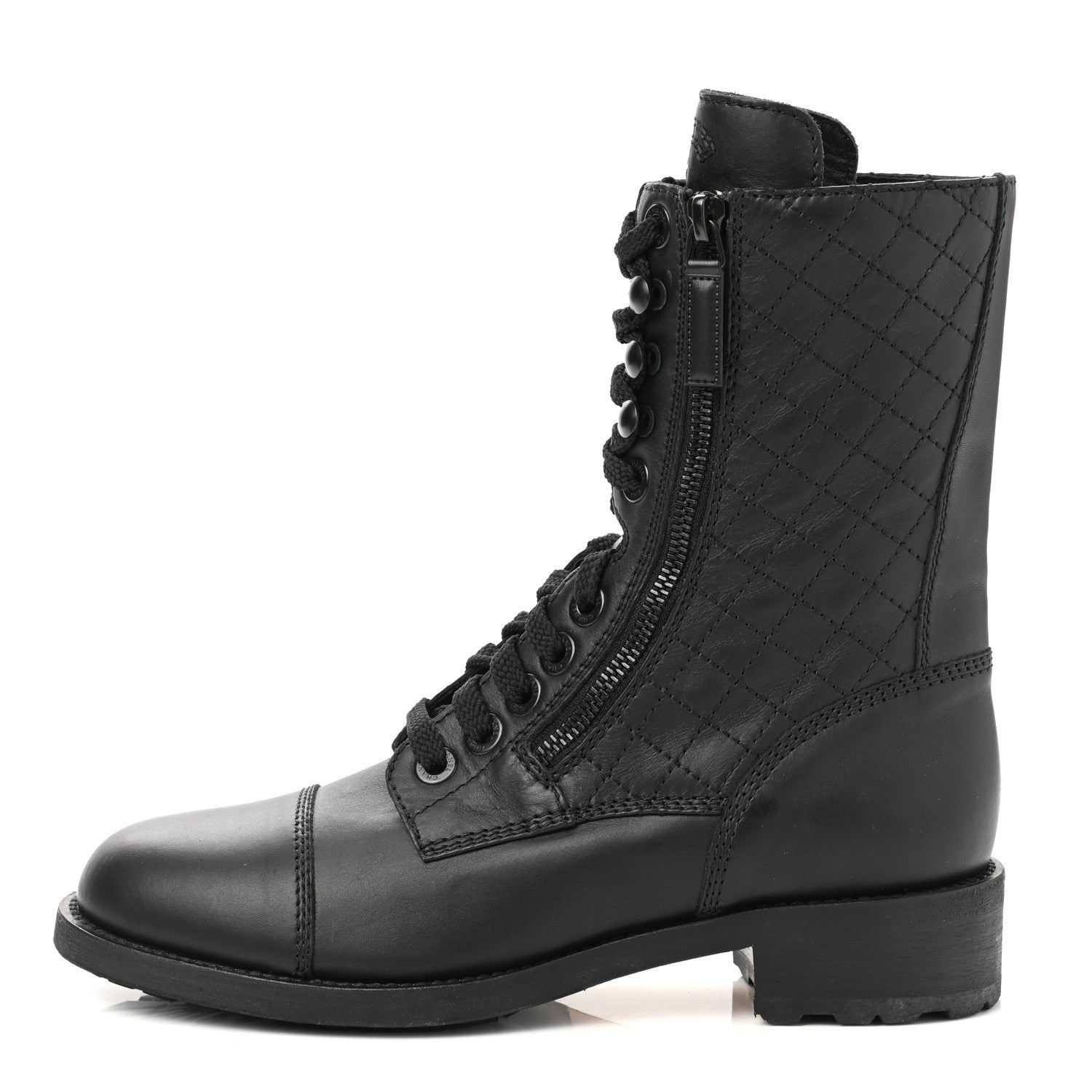 Chanel Calfskin Quilted Lace Up Combat Boots 37.5 Black 1 of 9