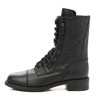 Chanel Calfskin Quilted Lace Up Combat Boots 37.5 Black 1 of 9